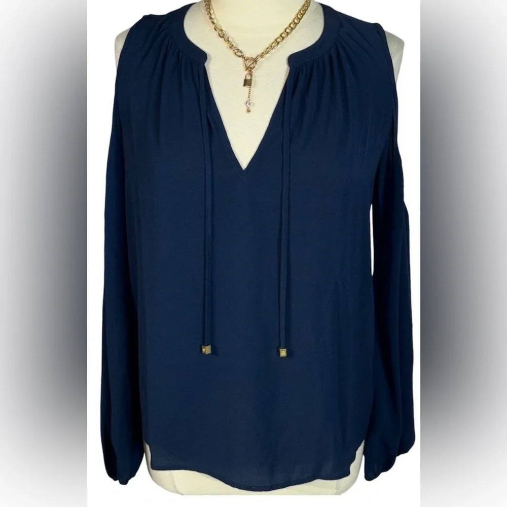 NWT Michael Kors Blue Tie Front Cold Shoulder Long Sleeve Blouse